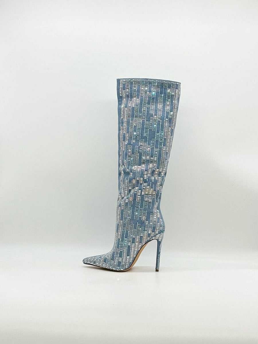 Calzature Diva Calzature Stivali Tacco Alto | Stivali Denim Strass K160 Denim-Chiaro